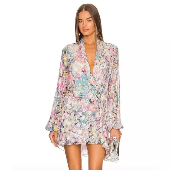 Rococo Sand Floral Leila Metallic Stars Mini Dress Sz XS Wrap Viscose Lined NWT - Picture 1 of 17